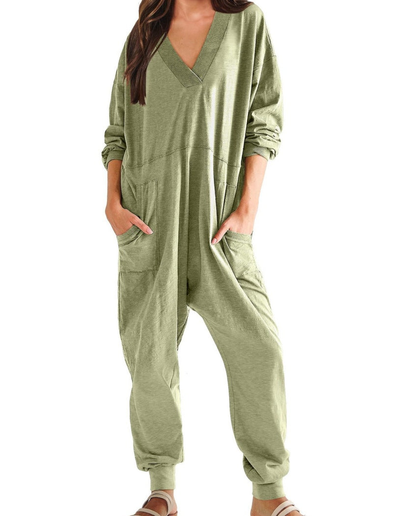 V-Neck Pockets Jumpsuit