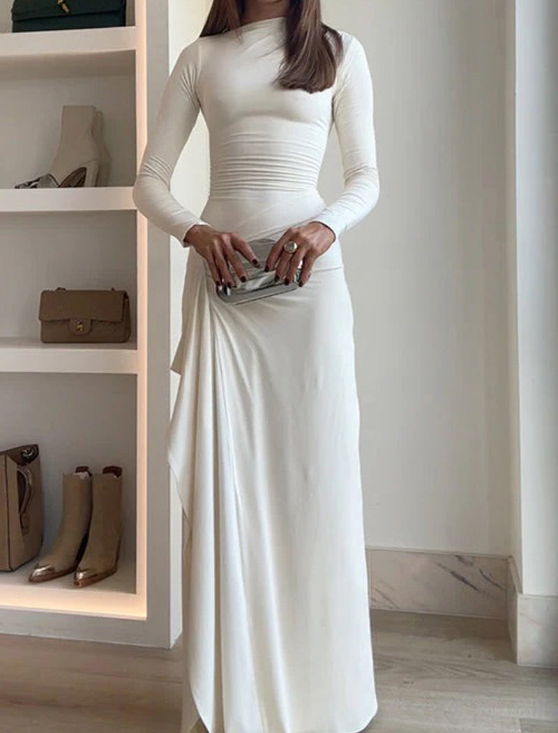Long-Sleeve Fitted Maxi Dress with Ruched Detail