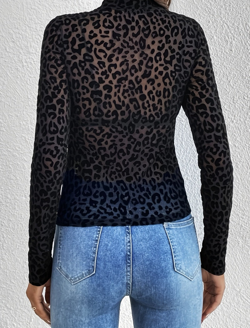 Sheer Leopard Print Long Sleeve Top