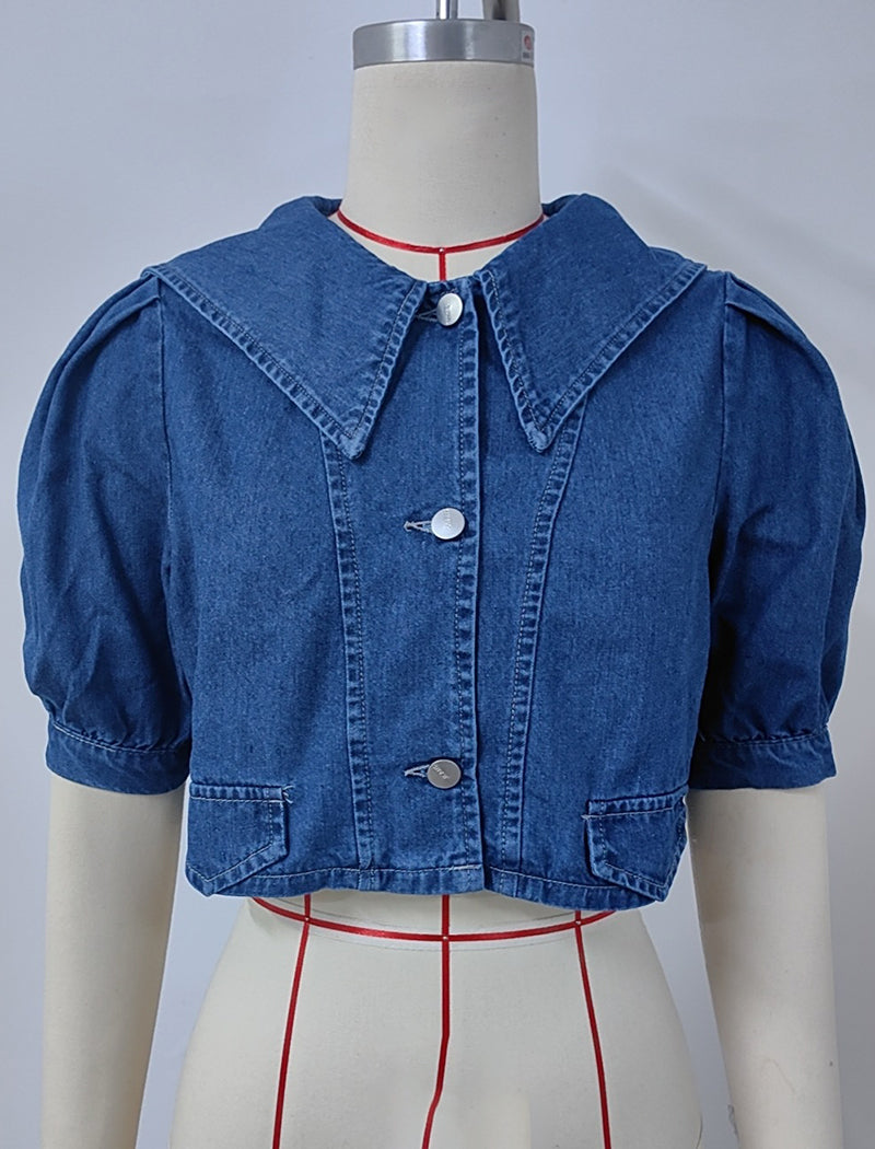 Washed Navy Collar Denim Jacket