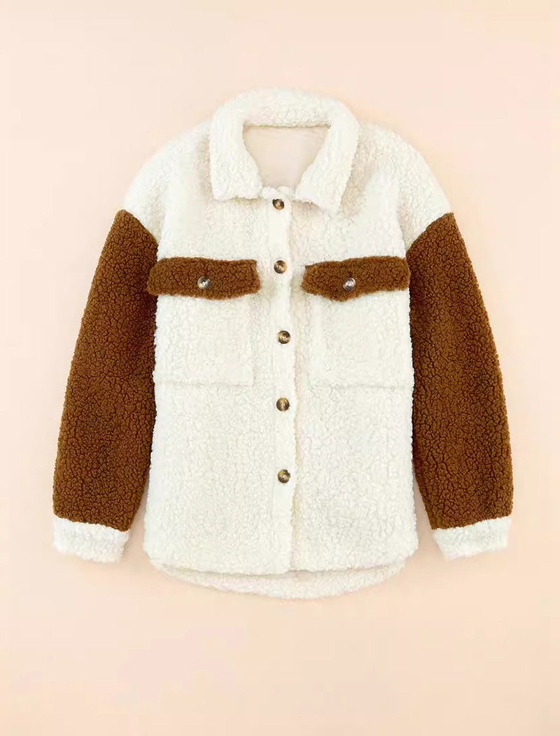 Button-Front Contrast Sherpa Jacket