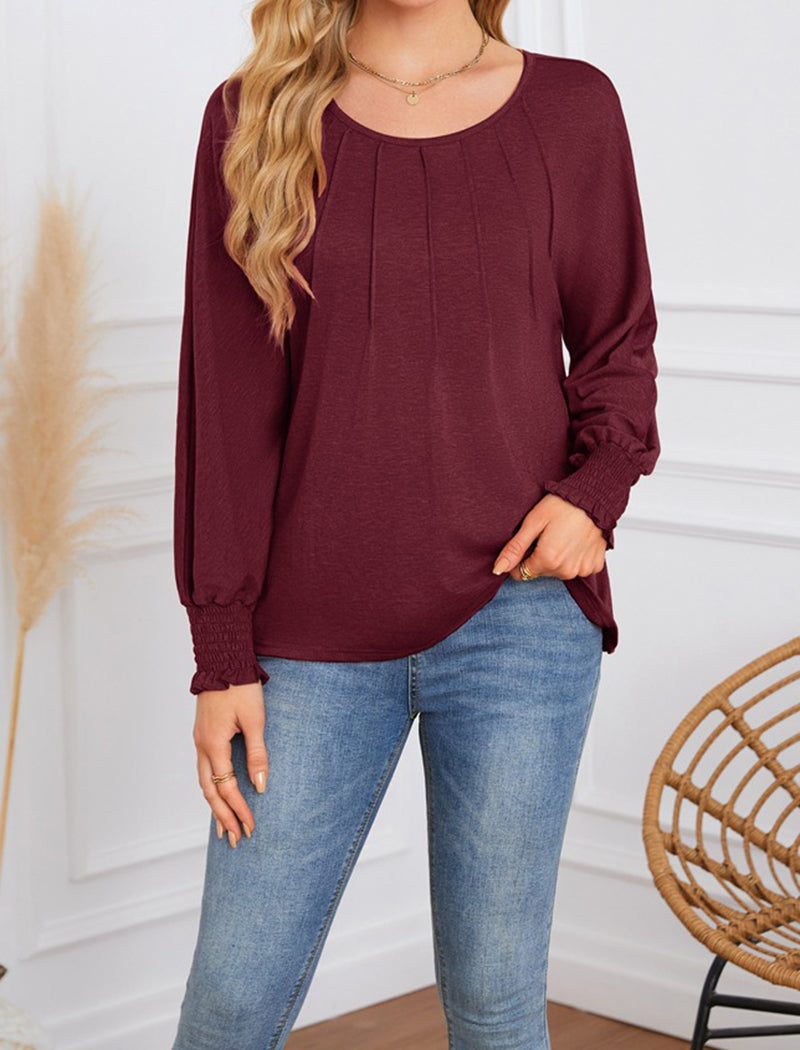 Pleated Long-Sleeve Blouse