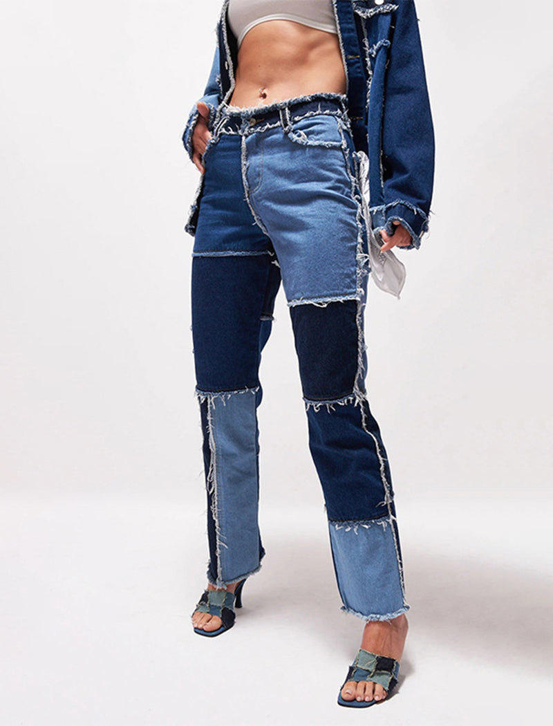 Patchwork Distressed Straight Jeans