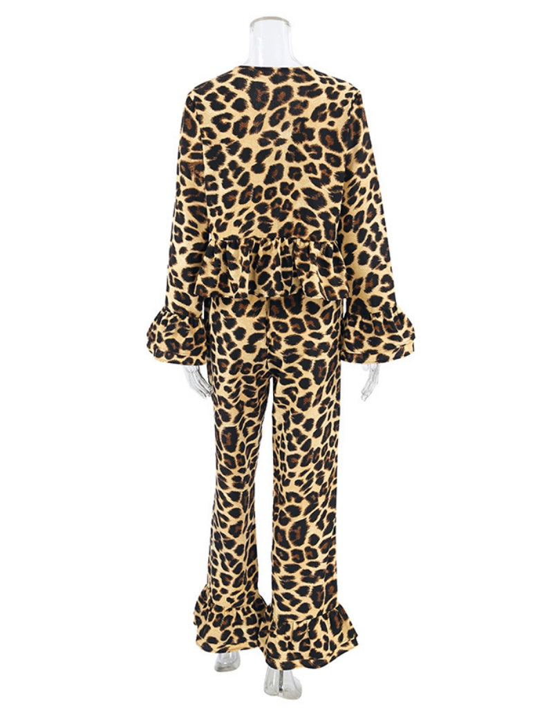 Leopard Print Long Sleeve Top and Pants Set