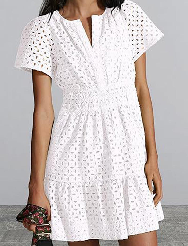 Eyelet Short-Sleeve Mini Dress