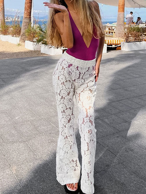 High-Rise Sheer Lace Flare Pants