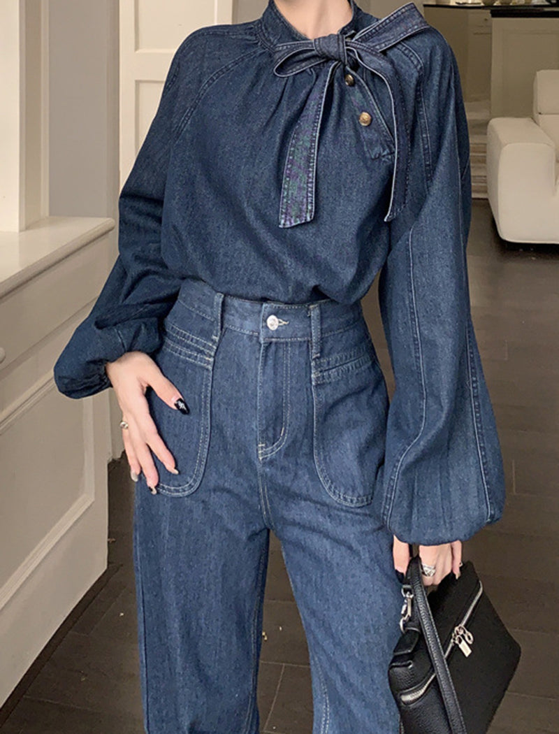 Wide-Leg High-Waist Denim Pants