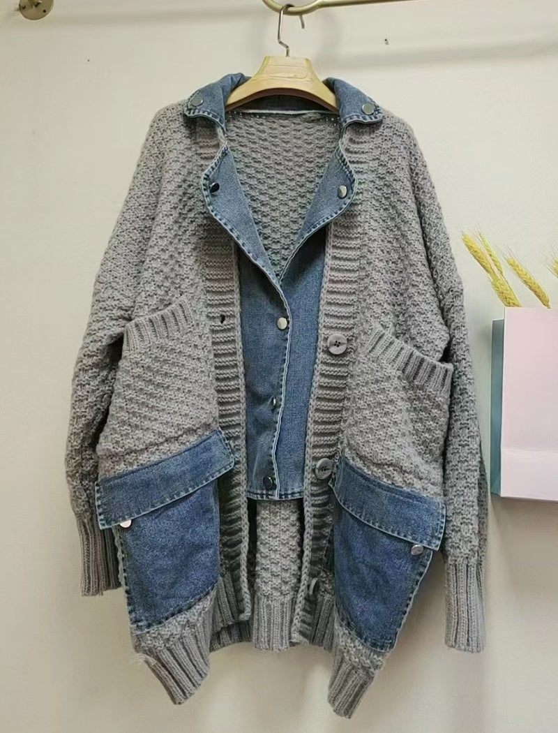 Oversized Knit Cardigan with Denim Panels