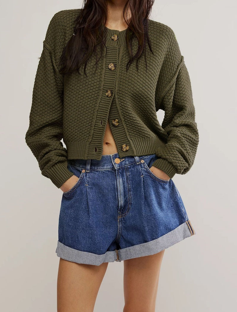 Cropped Button-Up Knit Cardigan
