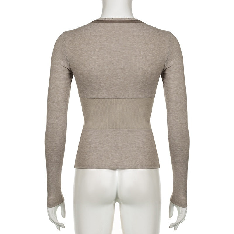 V-Neck Button-Front Cinched Waist Long Sleeve Top