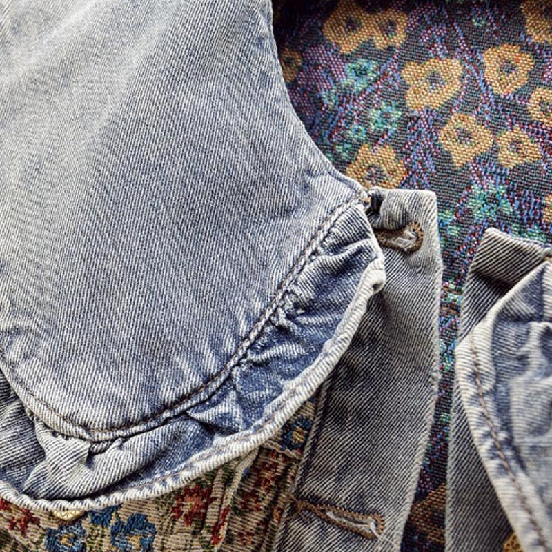 Floral Denim Jacket with Ruffle Collar