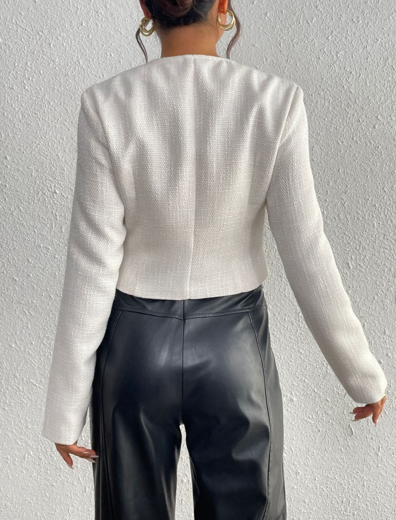 Bow-Accented Cropped Tweed Jacket