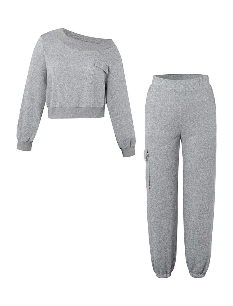Casual Grey Pocketed Top and Pants Set