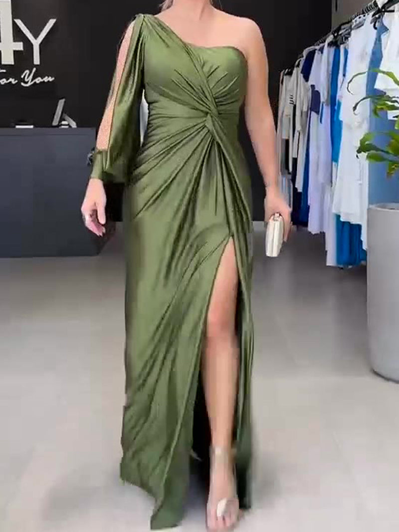 One-Shoulder Draped Split-Hem Maxi Dress
