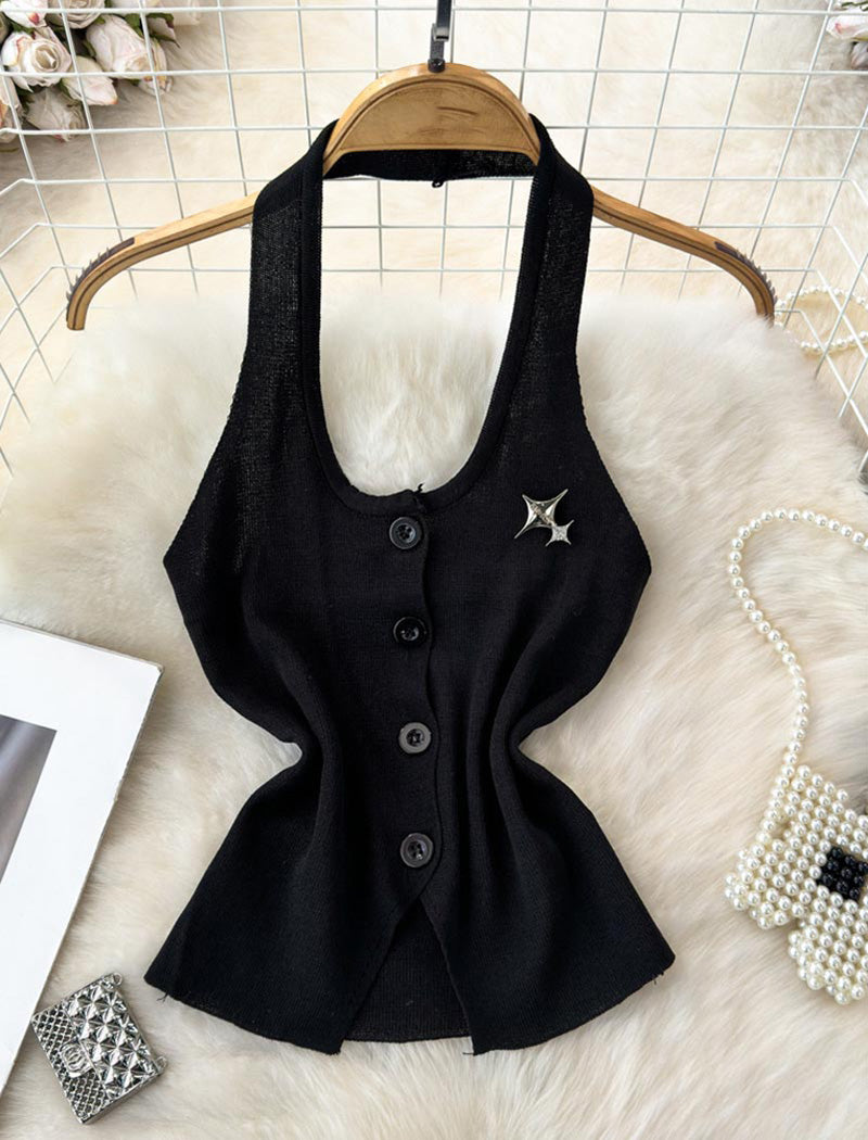 Sleeveless Button-Front Knit Vest