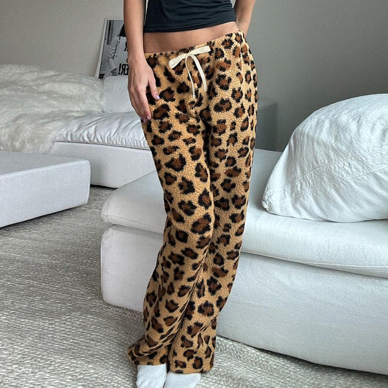 Leopard Print Tie-Waist Fuzzy Pants
