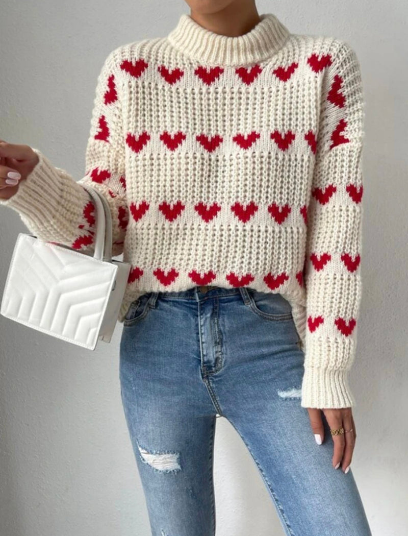 Heart Jacquard Pullover Knit Sweater