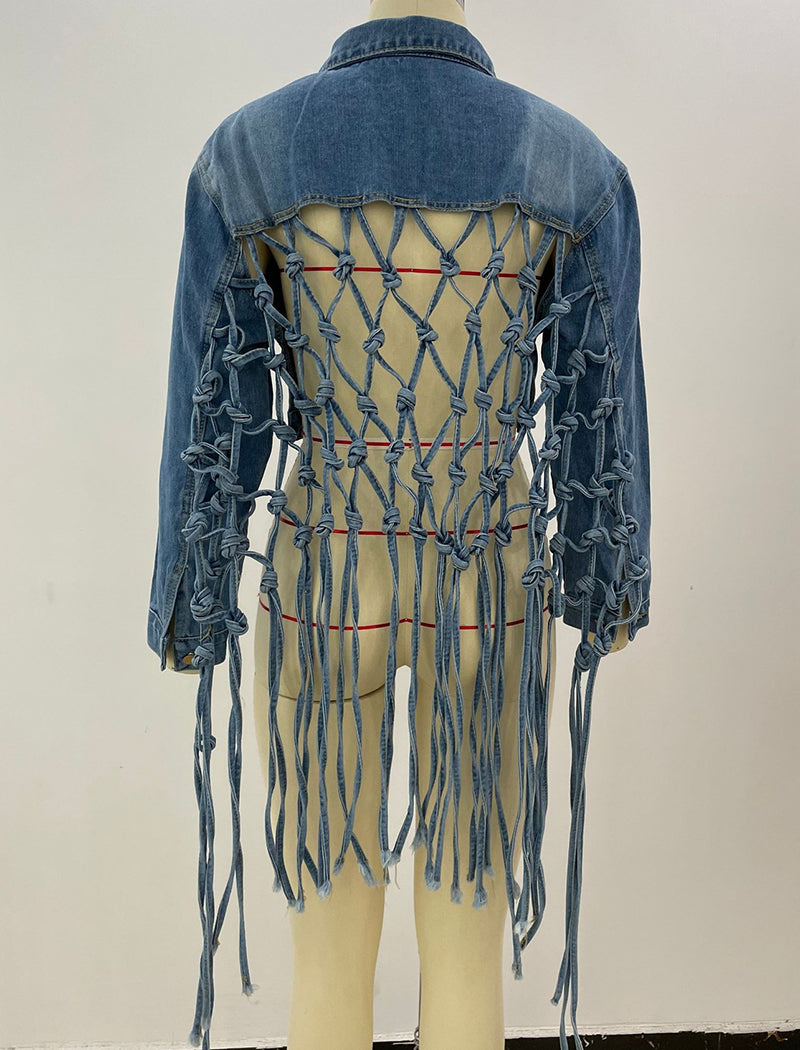Fringe Mesh Back Denim Jacket