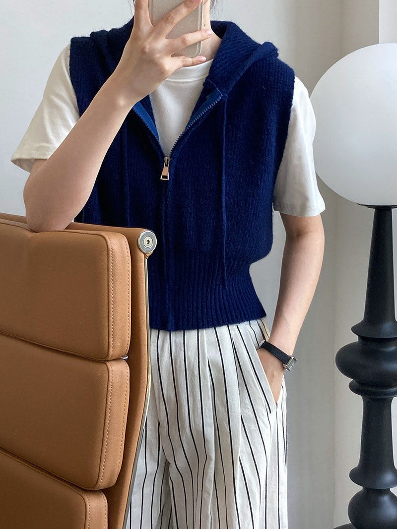 Hooded Zip-Up Knit Vest