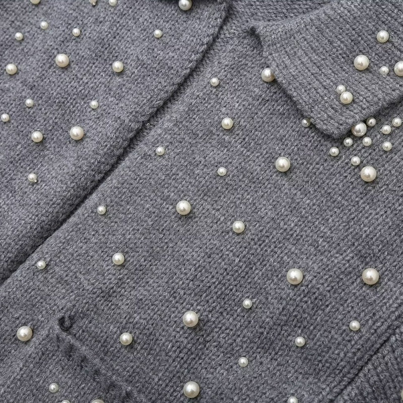 Pearl Detail Collared Long Sleeve Knit Coat