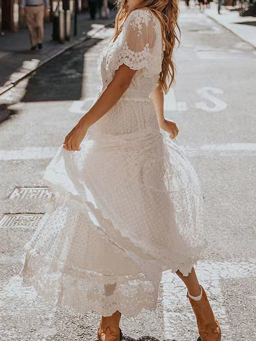 V-Neck Short Sleeve Lace Dress