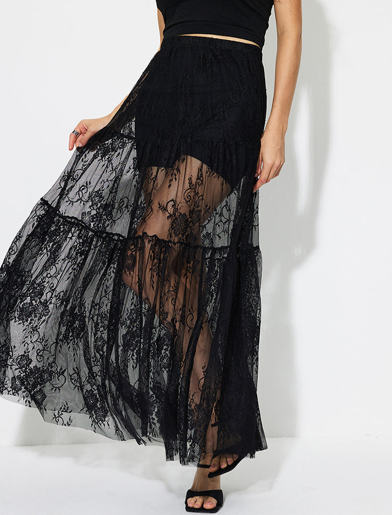 Sheer Lace Layered Maxi Skirt