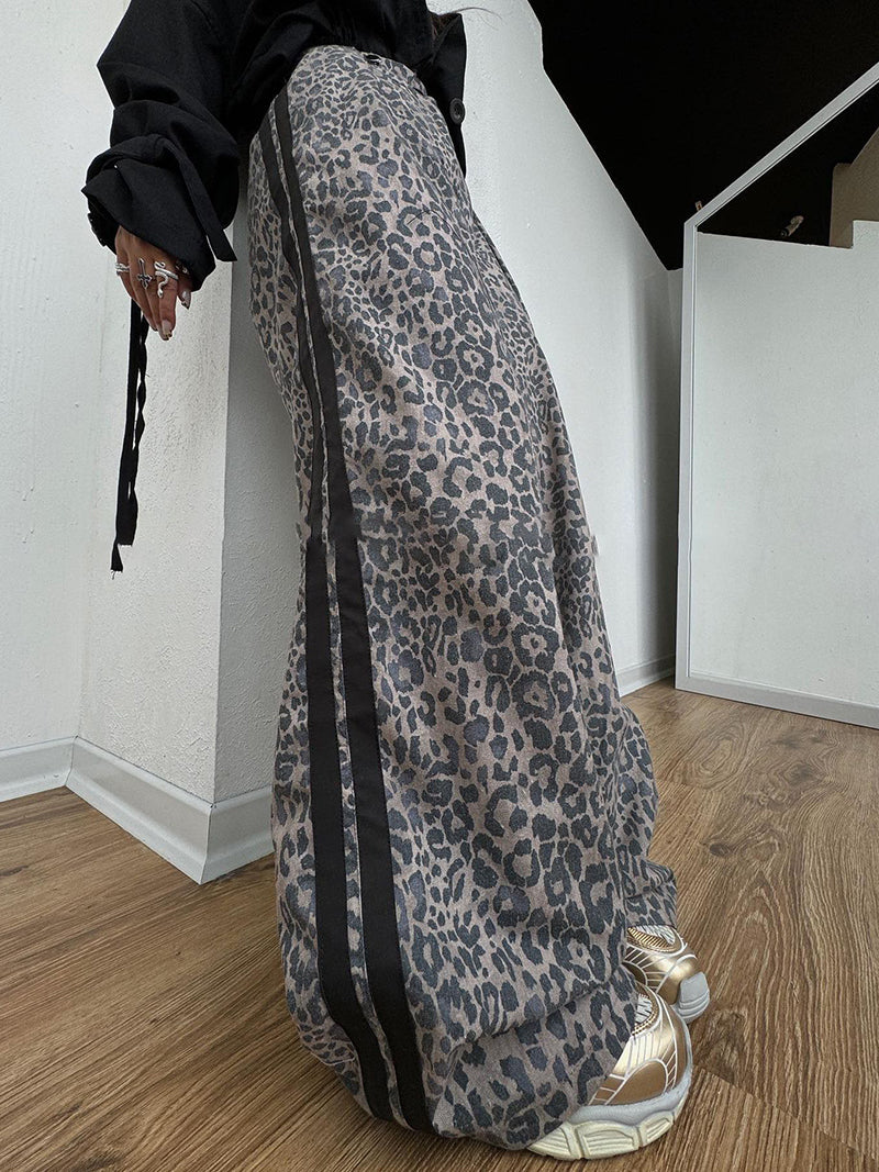 Leopard Print Striepd Wide-Leg Pants