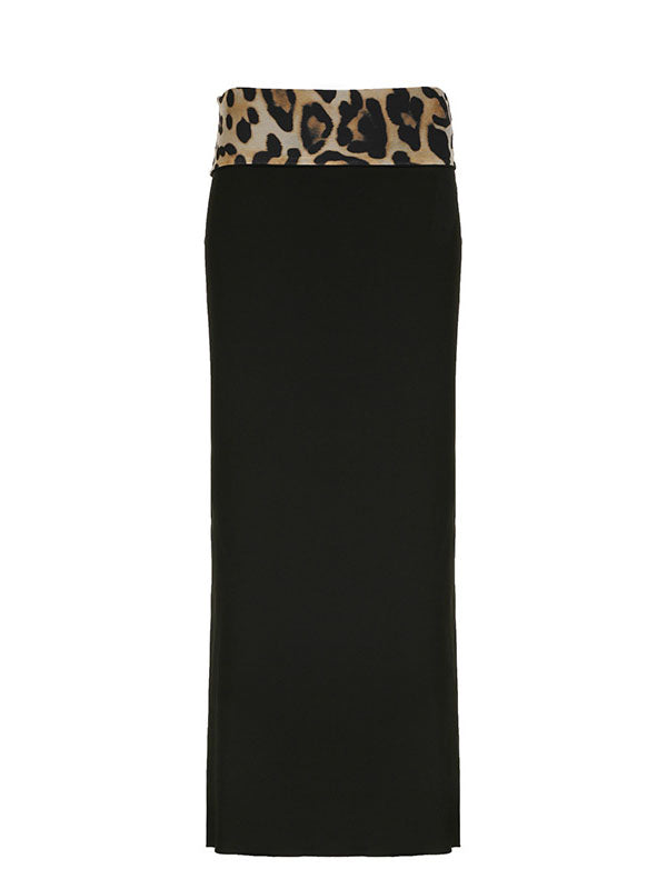 Leopard Patchwork Split-Hem Maxi Skirt