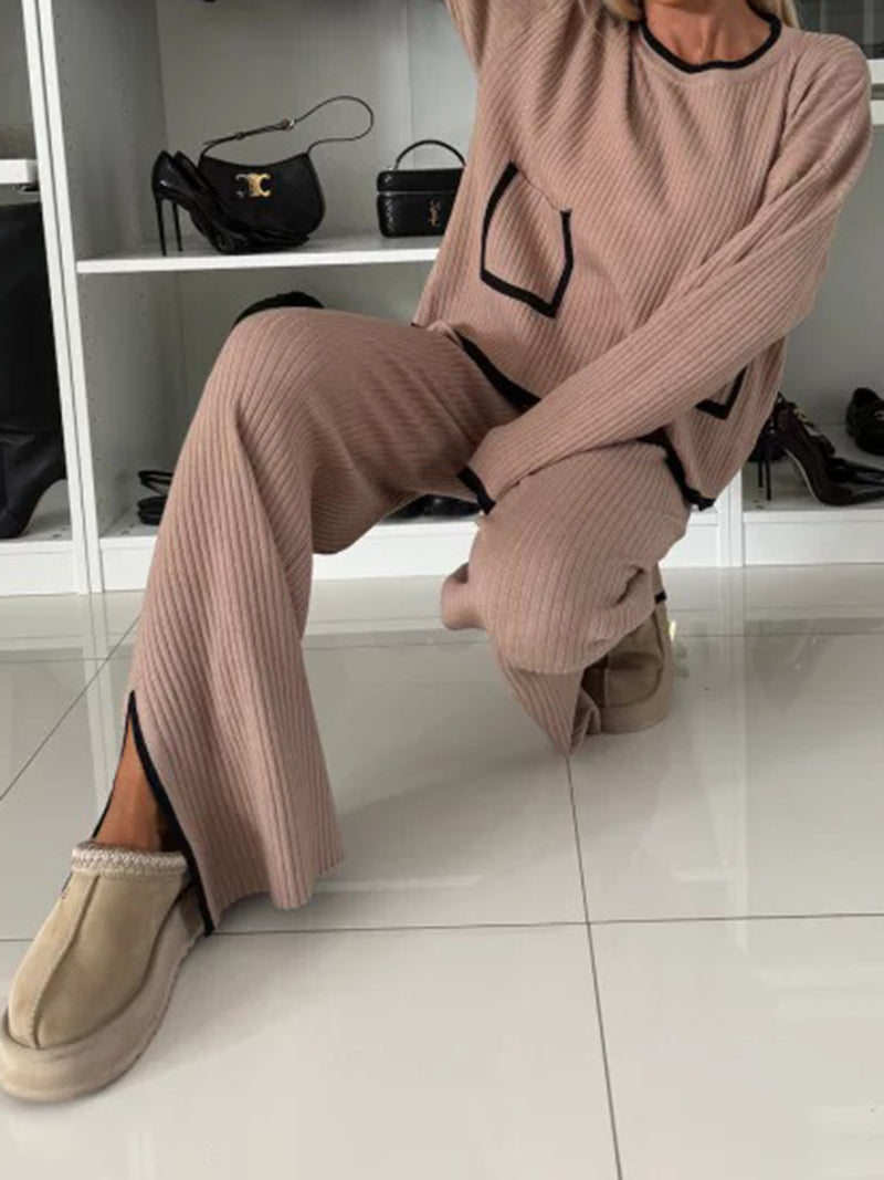 Contrast Trim Ribbed Sweater and Wide-Leg Split-Hem Pants Set