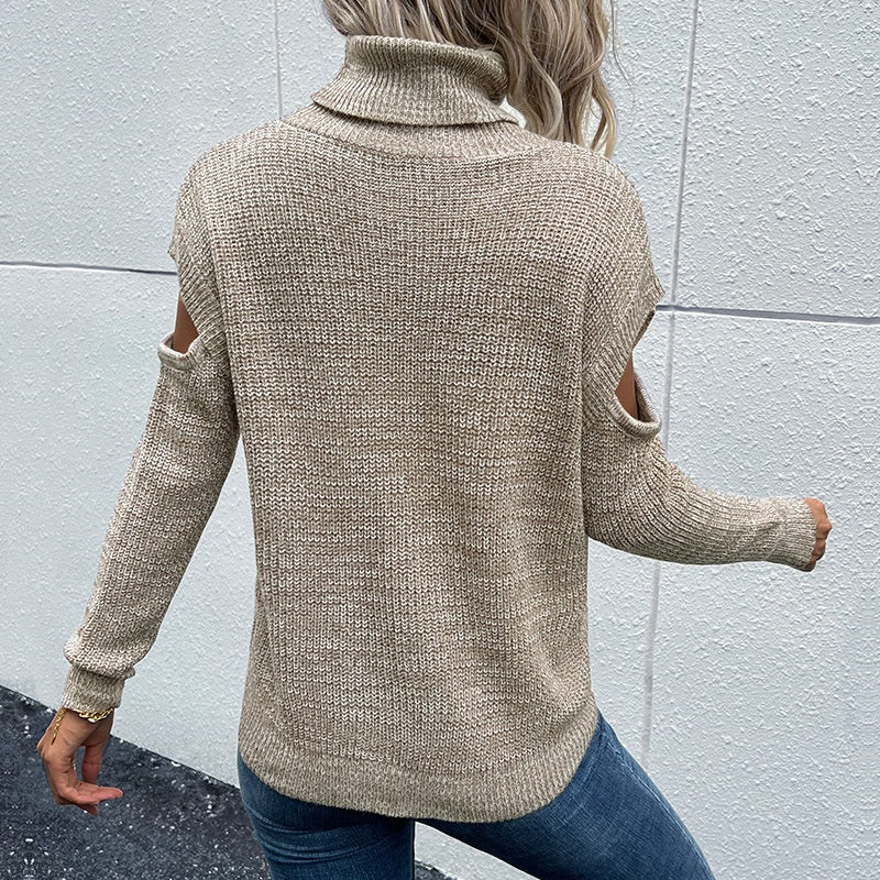 High-Neck Long-Sleeve Cutout Shoulder Sweater