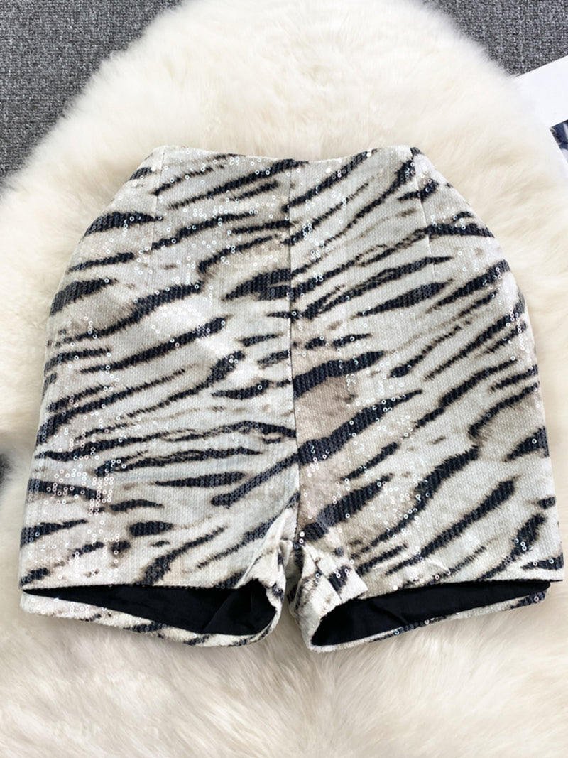 Animal Print Sequin High-Rise Shorts