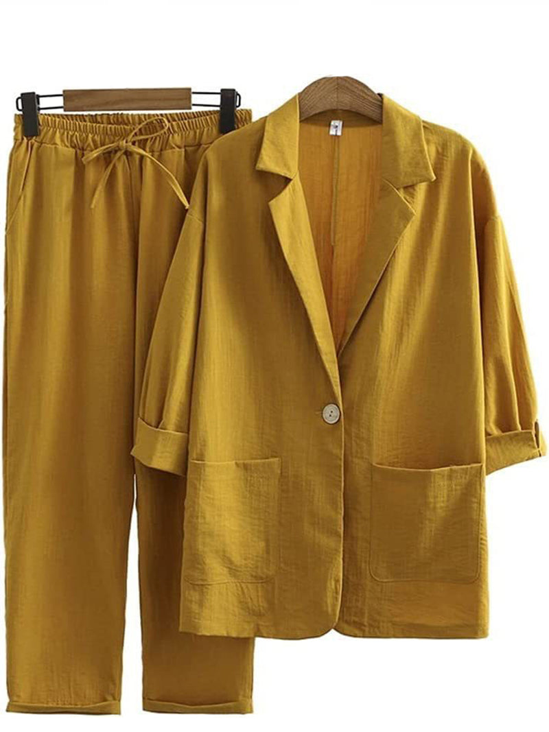 Solid Blazer and Drawstring Pants Set
