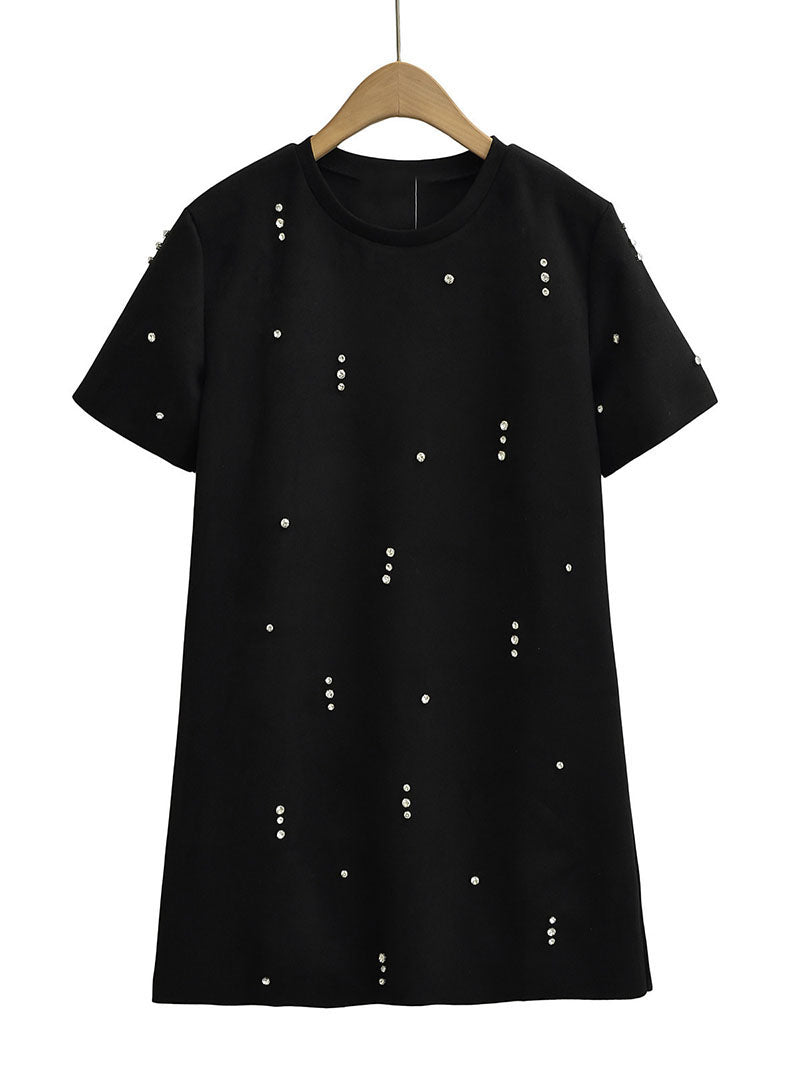 Rhinestone Short Sleeve A-Line Mini Dress