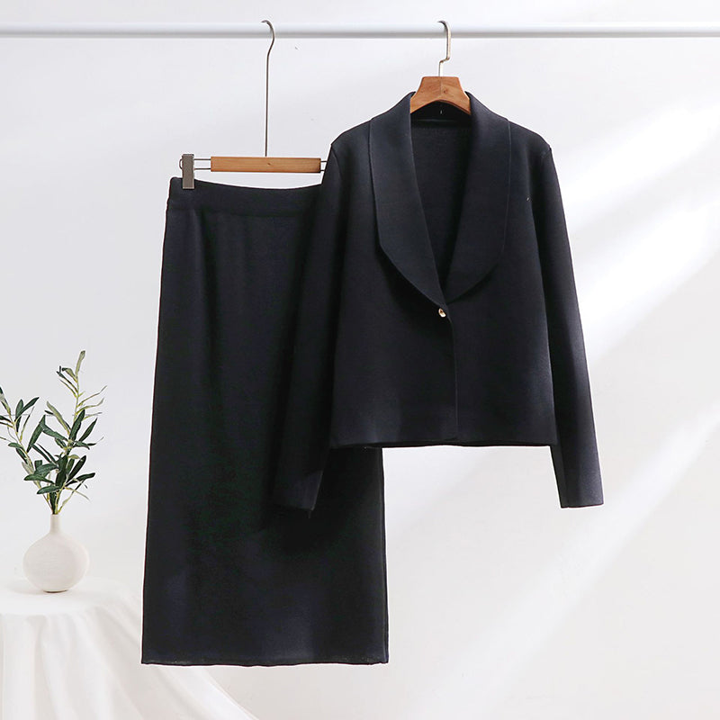 Two-Piece Set with Long Sleeve Solid Top & High-Waisted Skirt