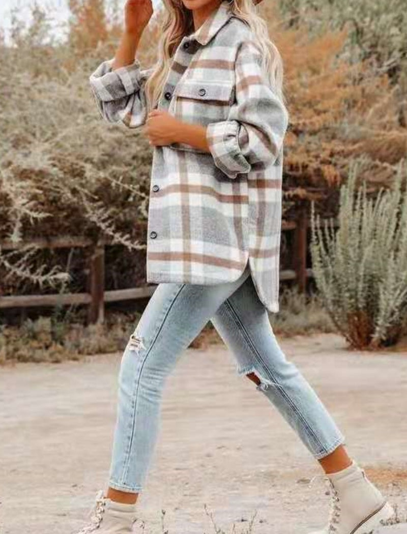 Notch Collar Loose Checkered Coat