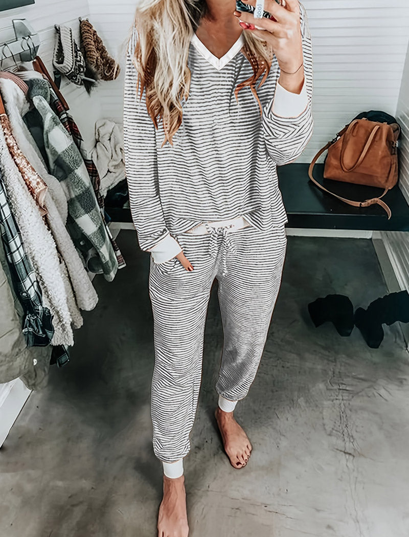Striped Cozy Lounge Set with V-Neck