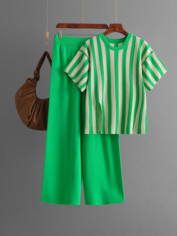 Striped Short-Sleeve Top & Wide-Leg Pants Set