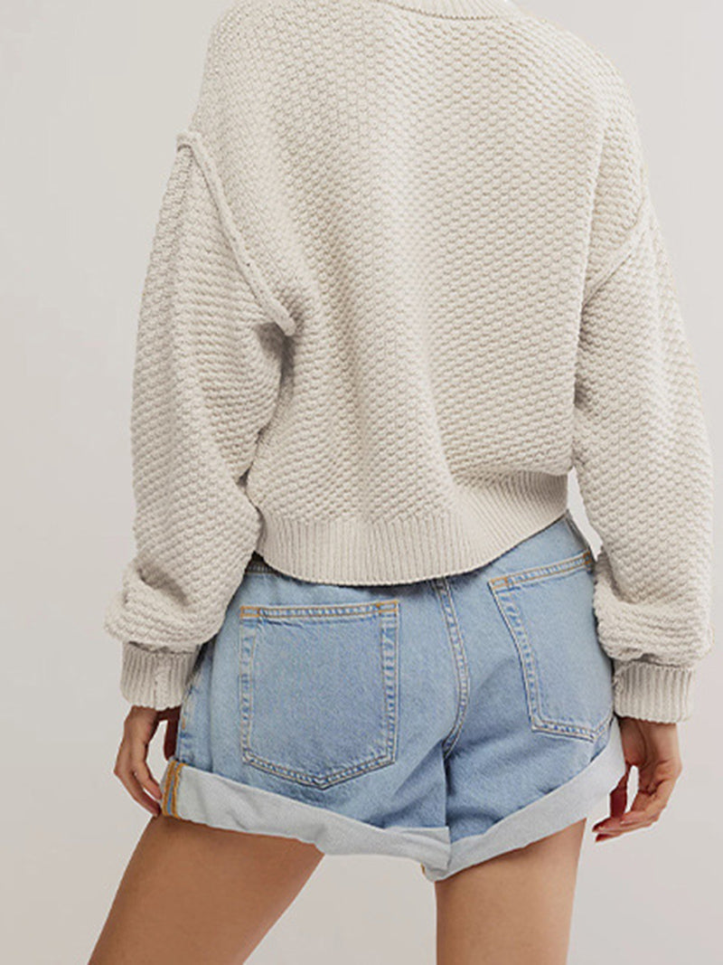 Cropped Button-Up Textured Sweater