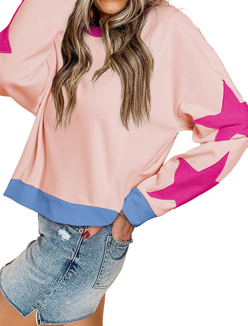 Colorblock Star Accent Crewneck Top