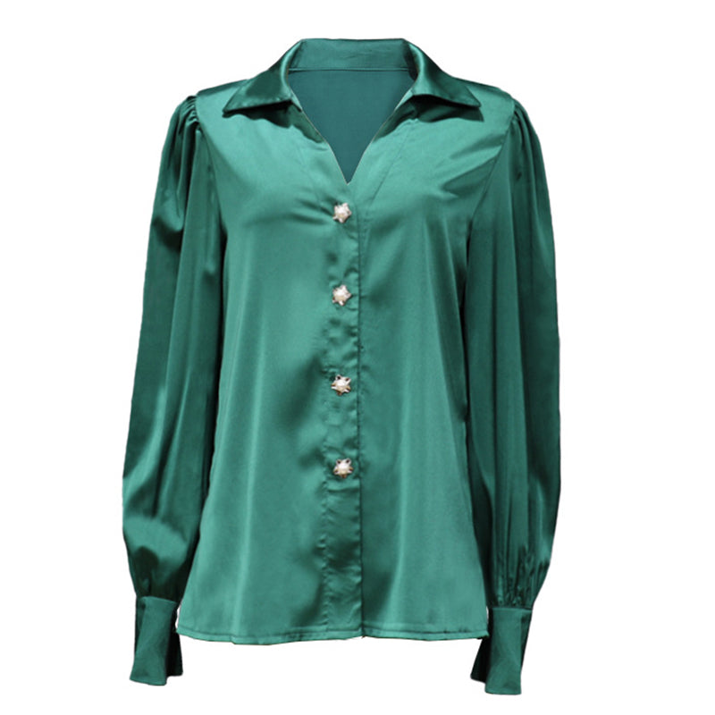Satin Button-Up Blouse with Statement Sleeves