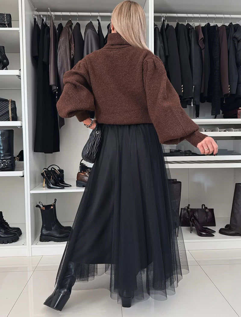 Tulle Overlay Maxi Skirt with Ribbon Waist