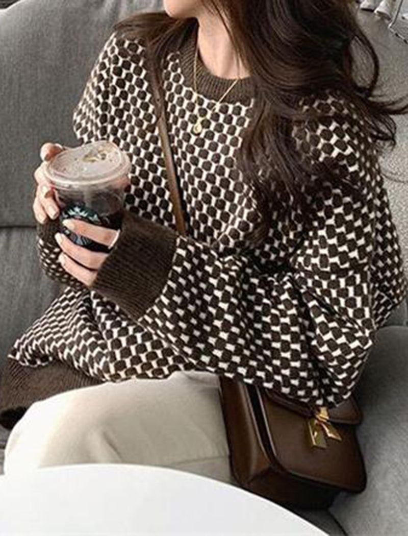 Houndstooth Pattern Knit Pullover