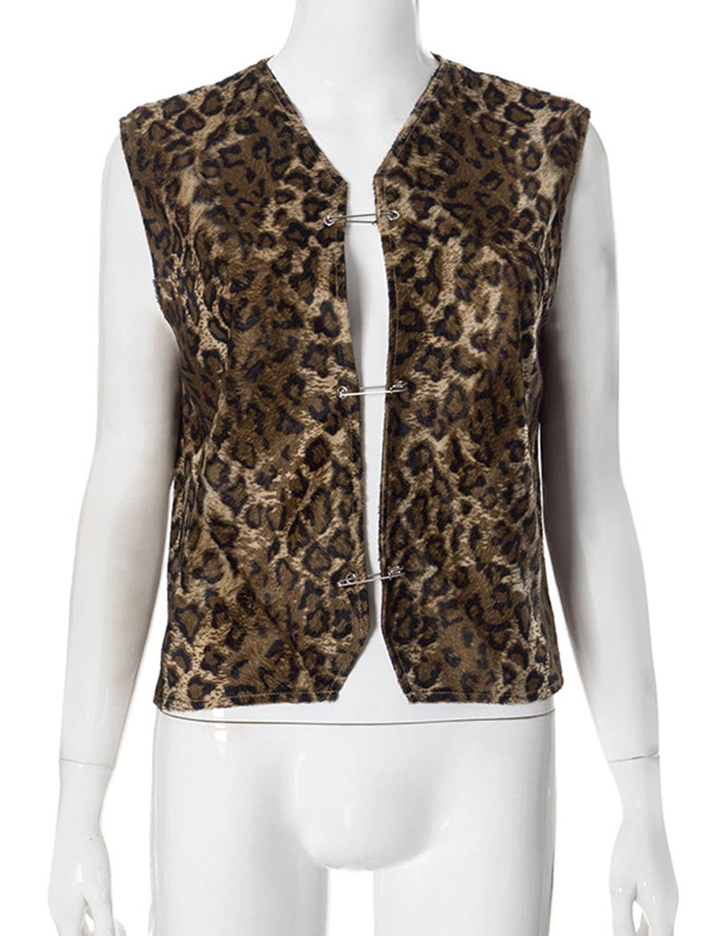 Toggle Fasten Fuzzy Leopard Vest
