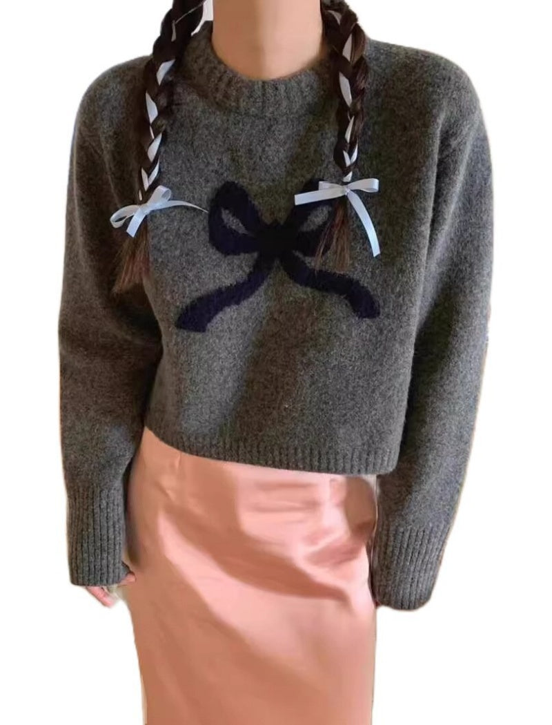 Bow Pattern Crewneck Knit Sweater