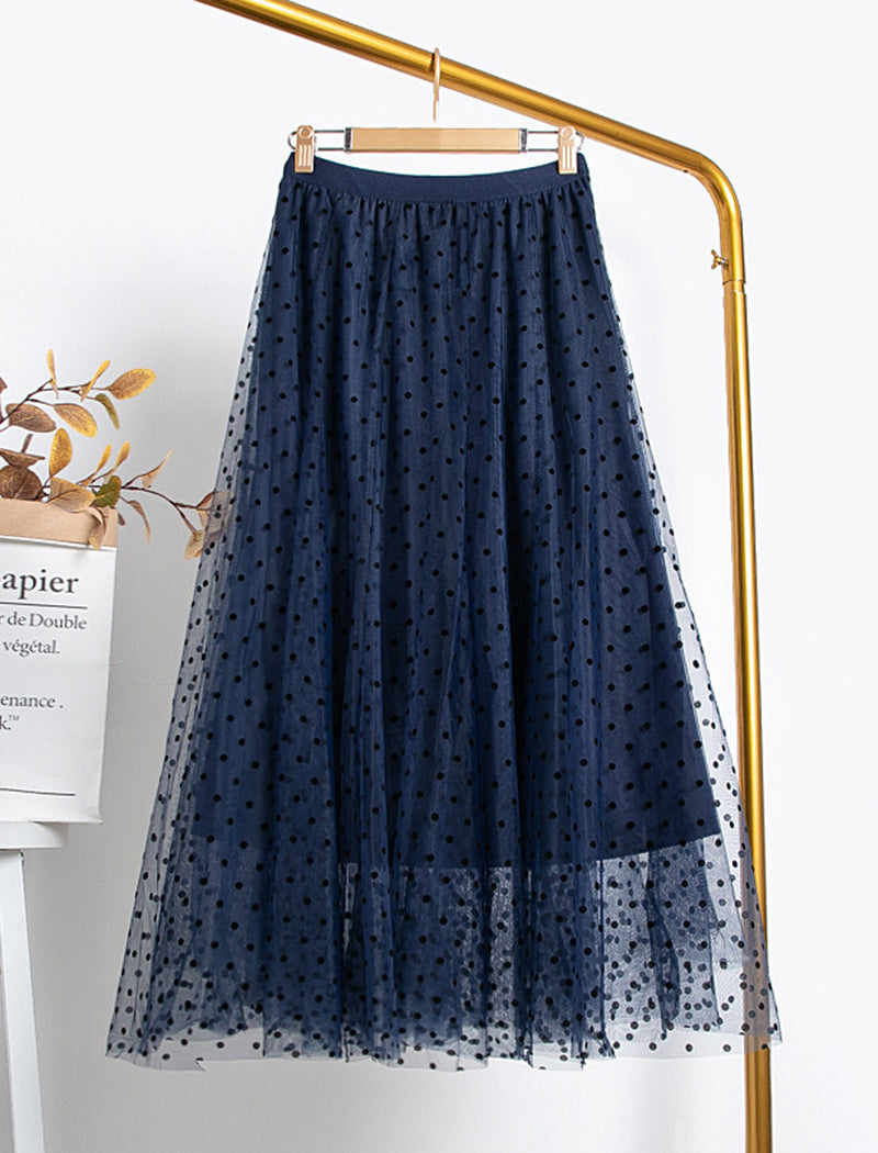 Polka Dot Mesh Layered Midi Skirt