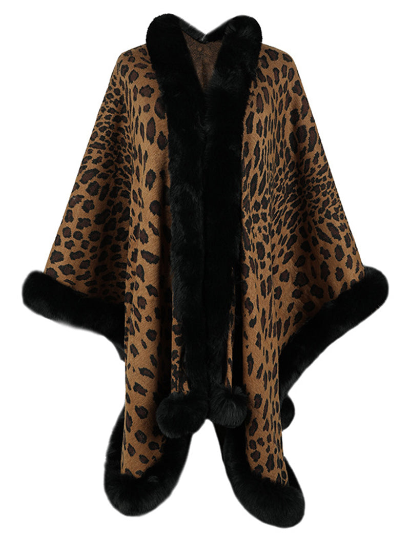 Leopard Print Faux Fur Trim Cape