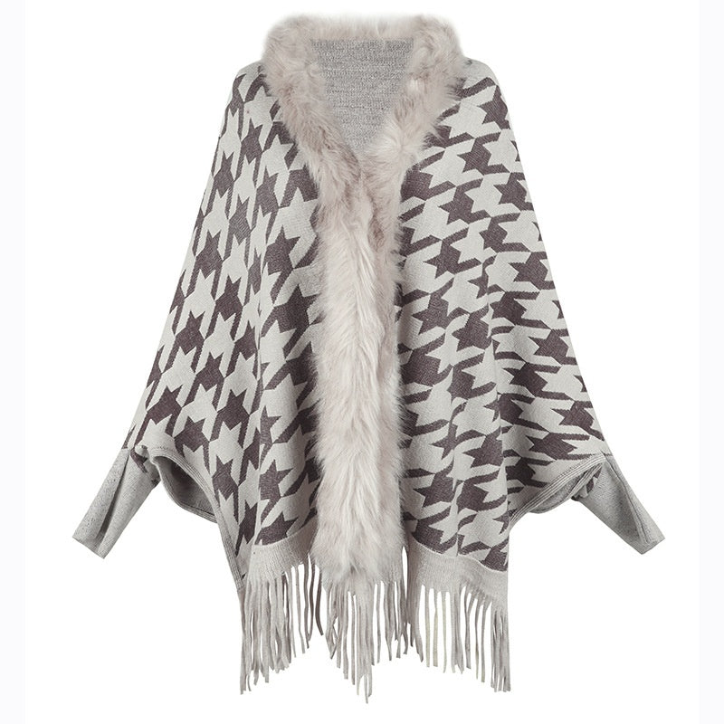 Colorblock Houndstooth Fur Collar Shawl Coat