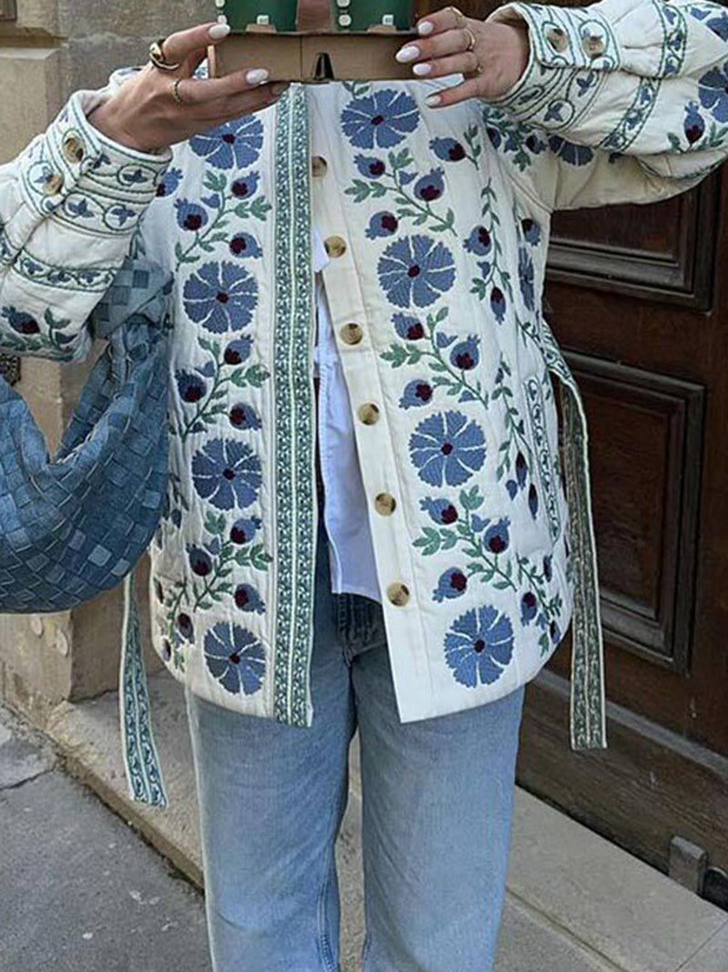 Floral Button-Up Quilted Jacket