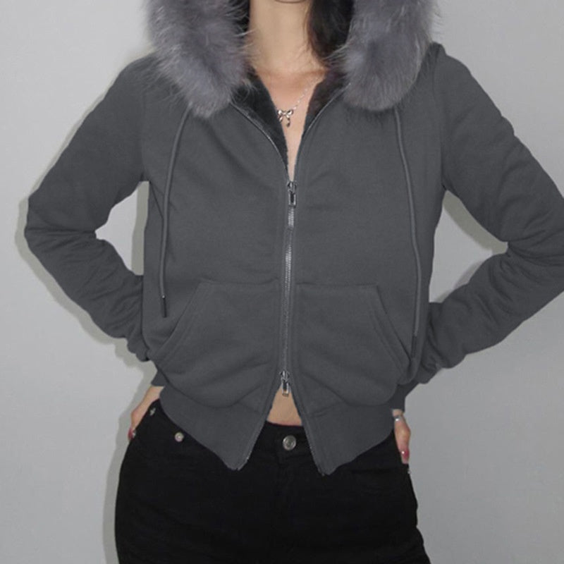 Hooded Fuzzy Patchwork Jacket