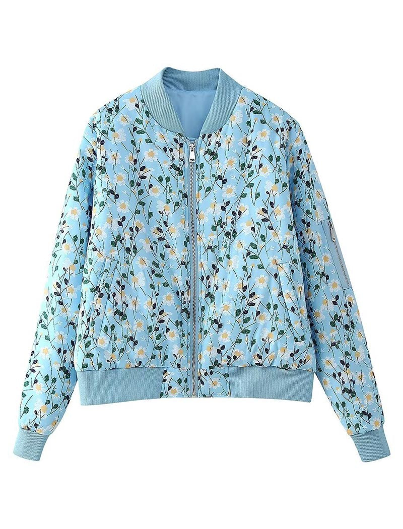 Floral Print Zipper Bomber Quilted Jacket